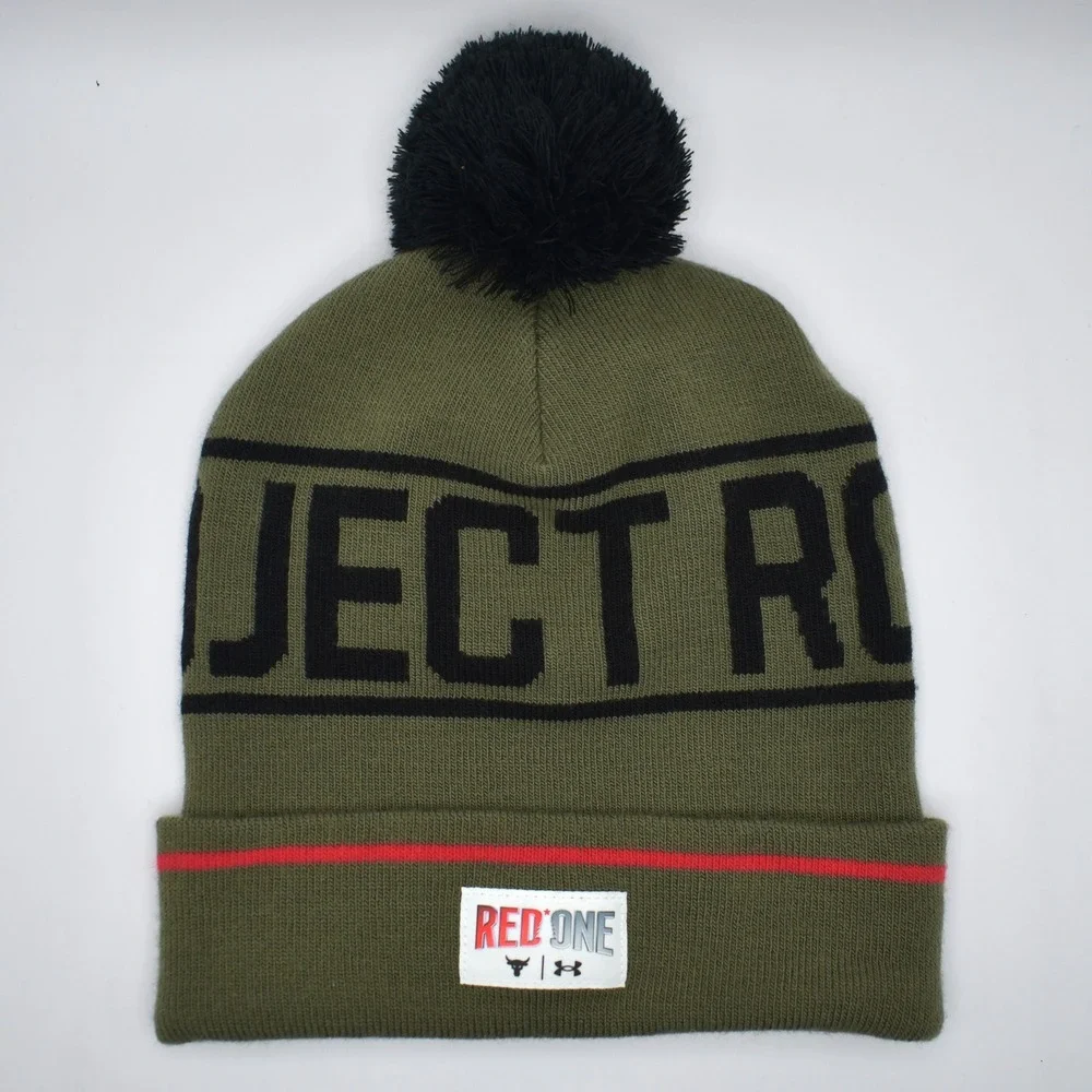Under Armour Project Rock Red One Pom Beanie Hat Olive Green NEW 6003768-390